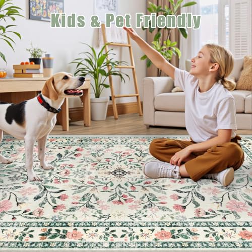 PLHXFR 8x10 Green Beige Floral Washable Area Rug for Living Room