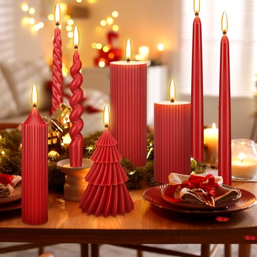 Nuanchu 8 Pcs Christmas Spiral Taper Candles Smokeless, Red