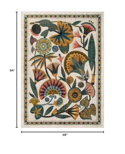 Egyptian Floral Washable Area Rug - Beige 5x7 Boho Vintage Non Slip Carpet