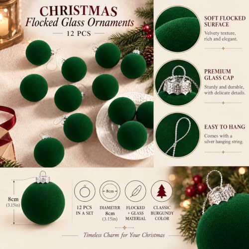 Sosation 12 Pcs Dark Green Velvet Christmas Ornaments, 3.15" Glass