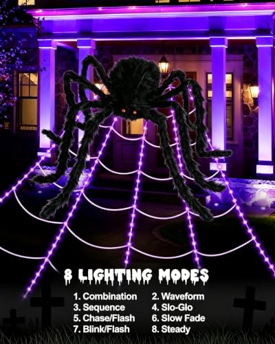 16.4Ft Halloween Spider Web Lights with 8 Modes & Purple LED, Waterproof Outdoor Decor