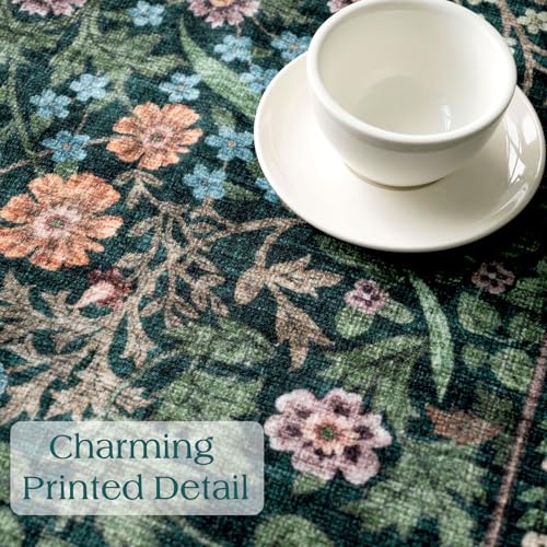 Dark Green Floral Oval Rug - 5x8 Boho Washable Area Rug for Living Room
