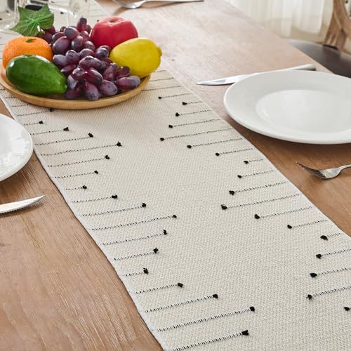 Zkanac Boho Table Runner 72in with Handmade Tassels, 70% Cotton 30% Linen, Beige/Black, 12x72