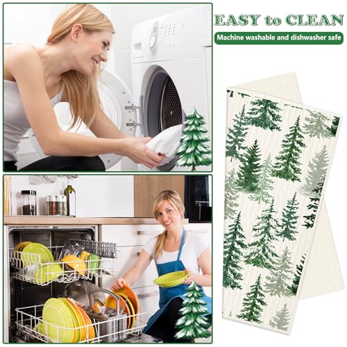 Christmas Watercolor Forest Pine Tree Kitchen Towels - 6 Pack, Reusable Cotton Dishcloths