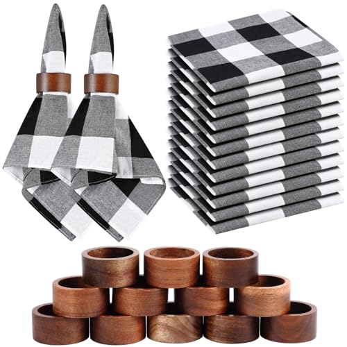 Preboun Black and White Cloth Napkins Set of 12 with Wooden Rings - 18x18 Inch Holiday Table Decor