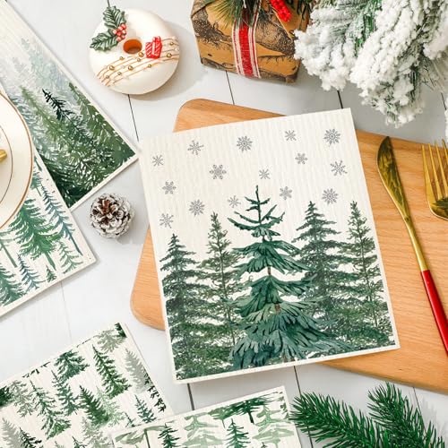 Christmas Watercolor Forest Pine Tree Kitchen Towels - 6 Pack, Reusable Cotton Dishcloths