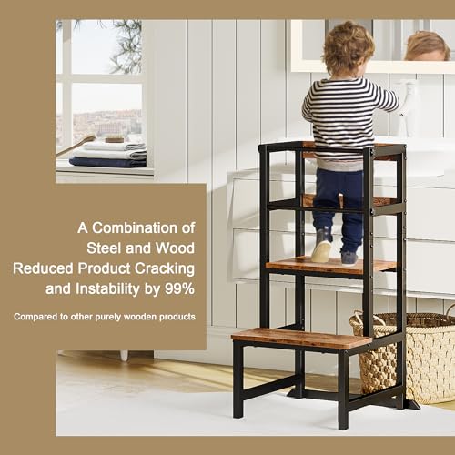 INNOD Wooden Toddler Step Stool with Safety Rail - Adjustable Kitchen & Learning Tower