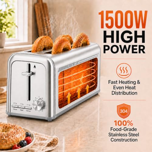 Slim 4-Slice Toaster with Long Slots & 9 Shade Settings - Silver
