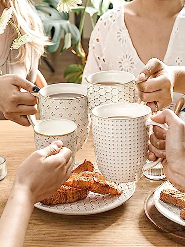LE TAUCI Ceramic Coffee Mugs Set of 4, 16 oz, Embossed, Arctic White