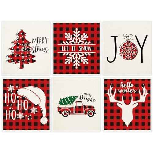 Whaline 6Pcs Christmas Swedish Dishcloths Red Buffalo Plaid Xmas Dish Towels Xmas Tree Snowflake Joy Reusable Absorbent Washable Cotton Kitchen Towels for Xmas Winter Cooking Wiping, 6.7 x 7.7 Inch