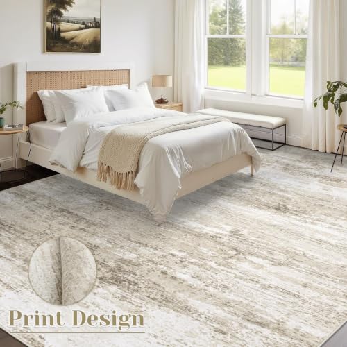 8x10 Beige Washable Area Rug - Soft Modern Abstract Non-Slip Carpet for Living Room & Bedroom