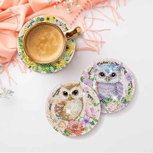 Diamond Painting Coasters Kit - 8 PCS Owl Diamond Art Kits for Adults Crafts Set for DIY Flower Coasters with Holder Table Home Decor Christmas Birthday Gift for Beginners Adult