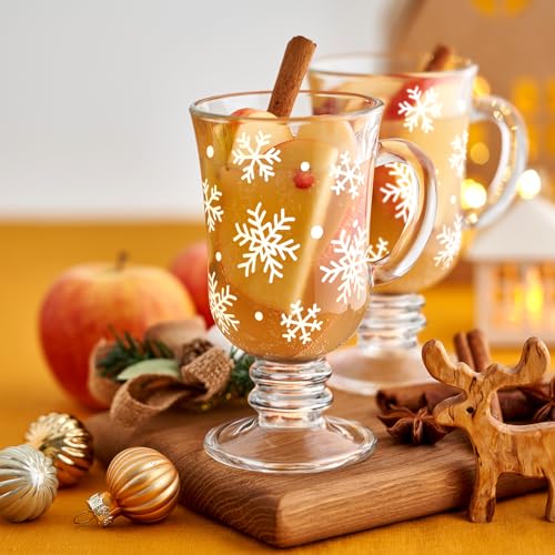 Set of 12 Snowflake Coffee Mugs 8 oz - Christmas Glass Tea & Hot Chocolate Cups
