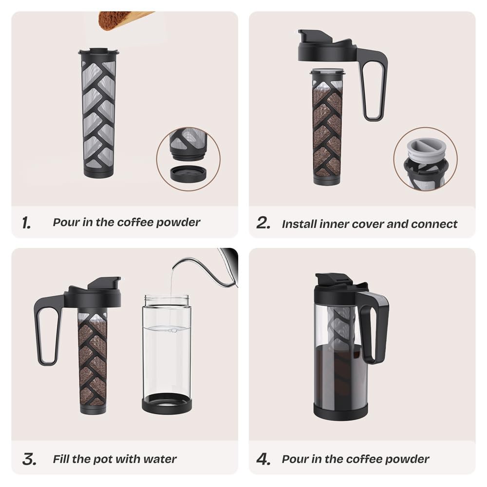 wedrink 44oz Cold Brew Coffee Maker, 1.3L Borosilicate Glass Cold Brew Pitcher with Comfortable Handle, Removable Filter & Anti-Slip Silicone Bottom