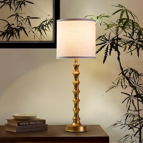 White 28.75-inch Buffet Table Lamps Set of 2 with Gold Bamboo-Inspired Base