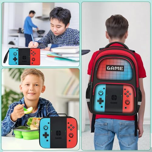Kids Backpack Set for Boys - 17-Inch Gamer School Bookbag, Red & Blue