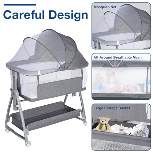 Jixrolyn 3-in-1 Baby Bassinet Bedside Sleeper Grey, Adjustable Height & All-Air Mesh