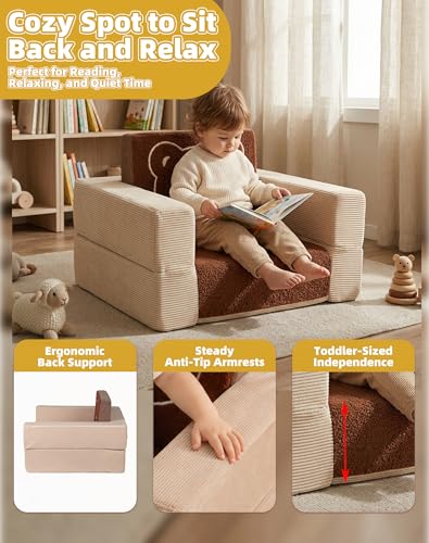 Medium Toddler Travel Sofa Bed with Bear Pattern - 3-in-1 Convertible Kids Couch & Floor Bed