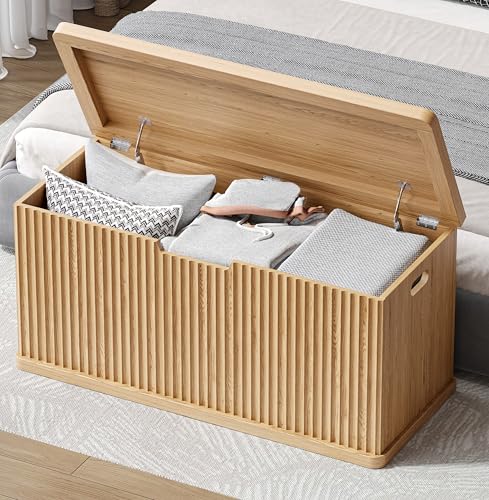 Large Wooden Storage Chest - Fluted Design with Safety Hinges, 37.4" Wide, Oak Finish, Variation of 15.4" D x 37.4" W x 17.9" H