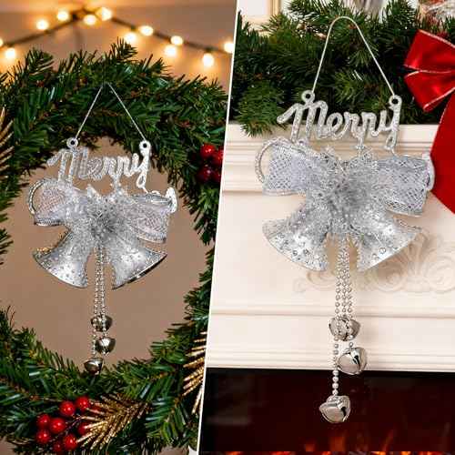 2 Pcs Metal Merry Christmas Bell Door Hanging Ornament with Bow for Tree & Wreath Decoration DIY Bells (Silver)