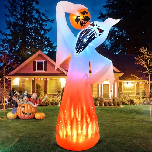 10 Ft Halloween Ghost Inflatable with Pumpkin and LED Lights - Outdoor Yard Decor