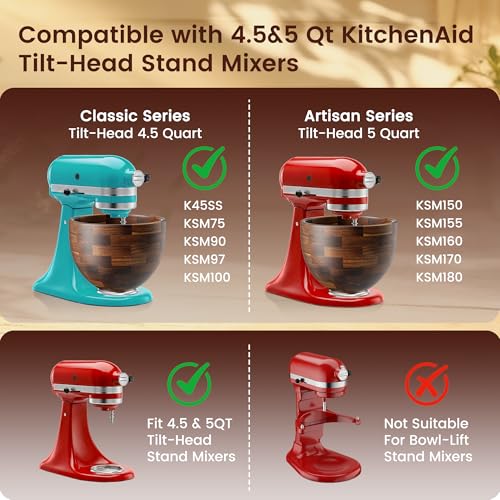Large Wooden Mixing Bowl Compatible with KitchenAid 4.5 & 5 Qt Tilt-Head