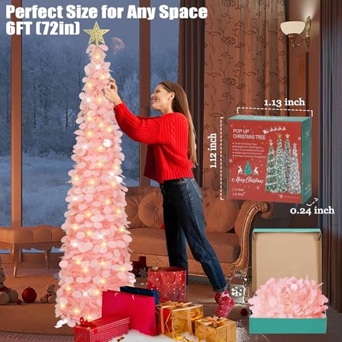 Dreamy Pink 6 FT Pop Up Christmas Tinsel Tree with 100 LED Lights & Remote