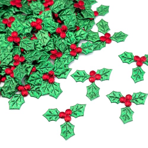 Quacc 100pcs Mini Triple Leaf Holly Berries, Christmas Simulation Holly Berries Artificial Holly Leaves for Christmas Wreath Card Gift Tags Table Decorations (3.5CM)