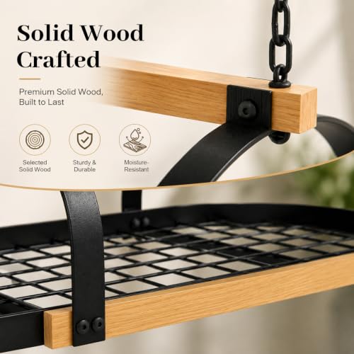 39-Inch Heavy Duty Ceiling Mount Pot Rack with 20 Hooks - Rustic Black & Wood