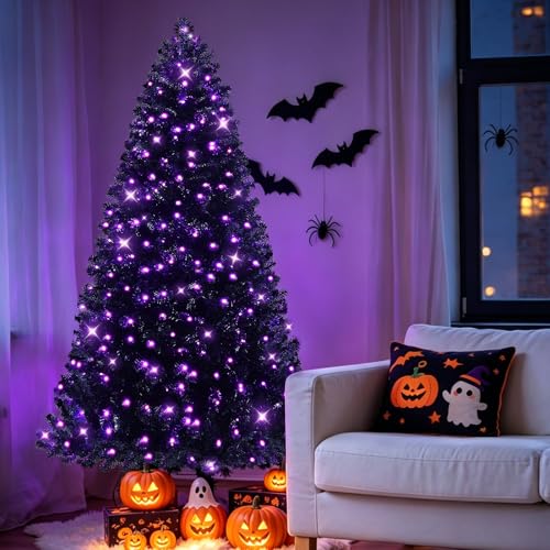 Facdiwok Full Black 6ft Artificial Halloween Christmas Tree with Purple LED Lights