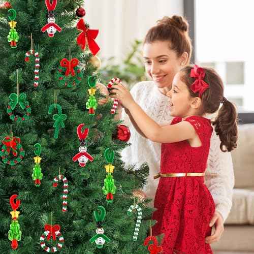 UPINS Christmas Beaded Ornament Kit, 52 Set Christmas Beaded Crafts Ornament Kit Mini Tree Snowman Candy Cane Wreath Make DIY Accessories for Hanging Wreath Cane Jewelry Making