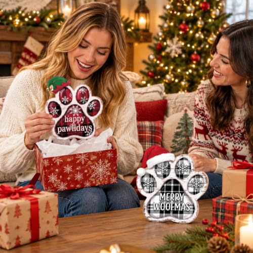 Memorywuu 2 Pcs Christmas Paw Print Table Decor Set - Buffalo Plaid Snowflake Variant