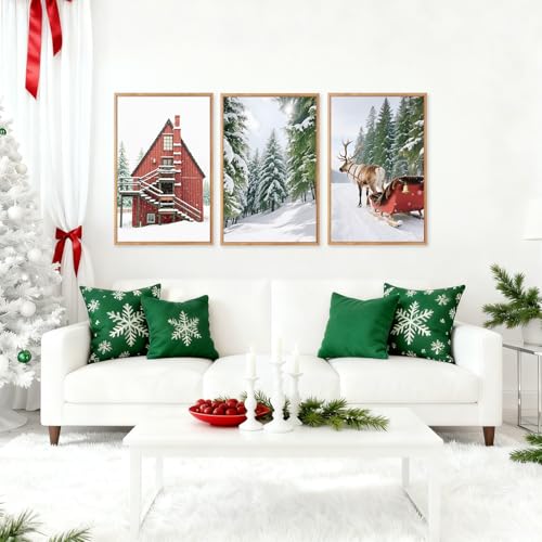 CHDITB 3pc Snowy Christmas Landscape Framed Canvas Wall Art Set - 16x24 Inches (Cottage Forest Reindeer Sleigh)