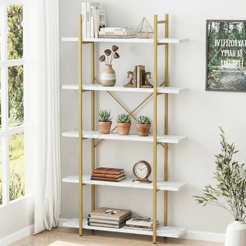 White Faux Marble 5-Tier Ladder Bookcase - Modern Open Shelving Unit for Home & Office