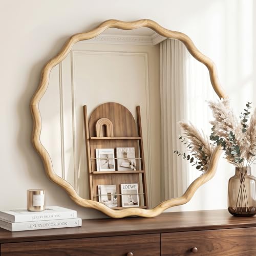 Natural Wood Wavy Circle Wall Mirror 24-inch Boho Round Decor - Variation of THIS listing