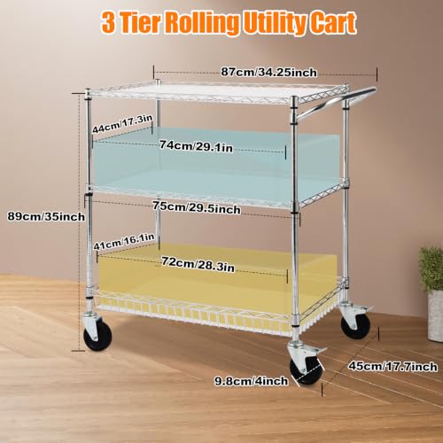 Heavy Duty 3-Tier Rolling Cart with Metal Wire Shelves & Locking Casters