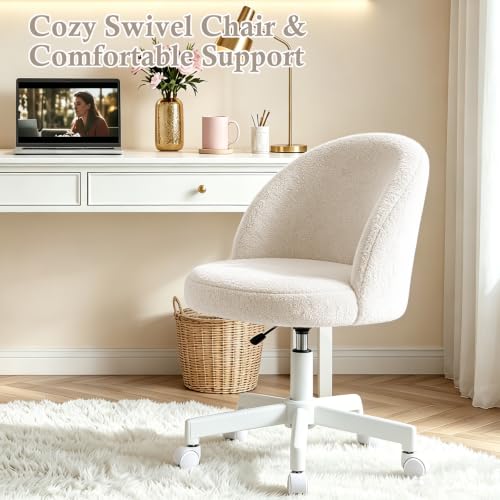 White Vanity Chair with Backrest - Girls Desk Stool, Adjustable & Swivel