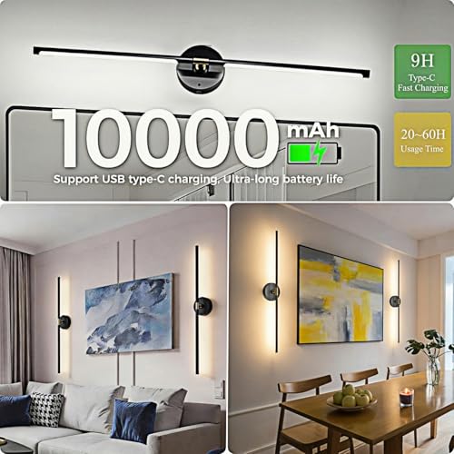 iThird Black Wireless Rechargeable Wall Sconce Set of 2 - 10,000mAh, 31.5 Inch, Dimmable & 360° Rotatable, Touch & Remote Control for Bedroom Living Room Hallway