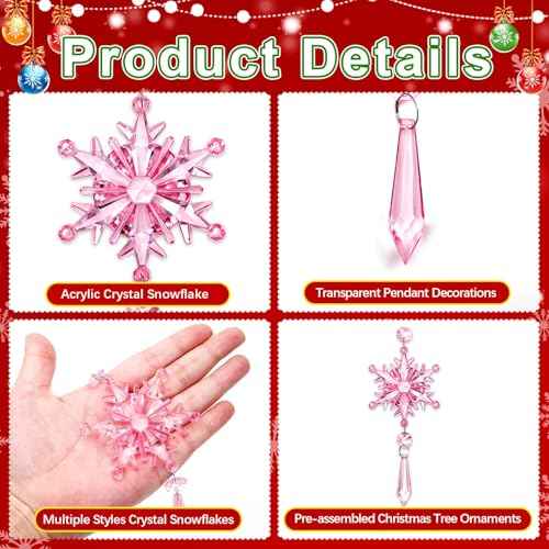FEBSNOW Christmas Tree Ornaments, 16pcs Light Pink Acrylic Snowflake Ornaments Christmas Hanging Decorations Icicle Snowflake Pendants for Christmas Tree Frozen Themed Winter Wonderland Party Decor