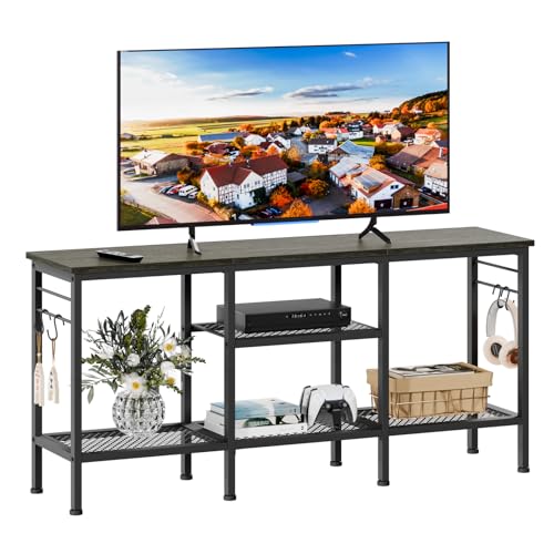 Furologee TV Stand with Open Shelves and Hooks - Black Oak, 47 Inch