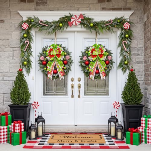 Montekin Large Green Candy Pattern Christmas Wreath Bows 20x11 Inches, Set of 2