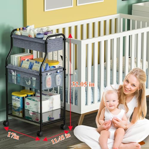 Gray 3-Tier Baby Diaper Caddy Organizer with Rollers & Dividers - Large Nursery Storage