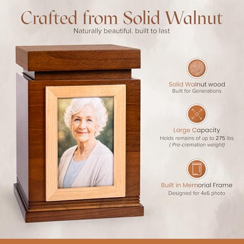 Wooden Ashes Keepsake Urn with Photo Frame - Large Walnut Adult Memorial - 6.5x6.5x11 Inches