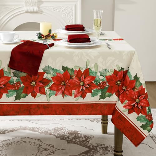 Romanstile Christmas Red Poinsettia Jacquard Rectangle Tablecloth 60x120 Inch Holiday Decor