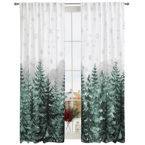 Tersuger 52"W x 96"L Christmas Tree Forest Semi Sheer Curtains - Pack of 2