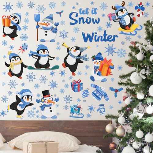 51 Pcs Hello Winter Wall Decals Stickers Let It Snow Penguin Window Clings Christmas Window Clings for Winter Holiday Living Room Nursery Bedroom Wall Decoration, 6 Sheets
