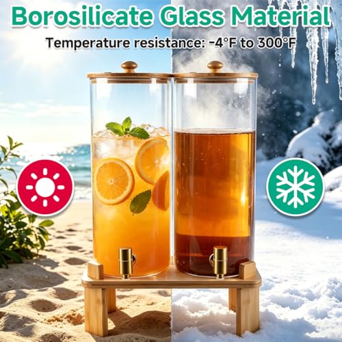 2-Gallon Beverage Dispenser Set with Bamboo Stand, Large Glass Drink Containers for Parties