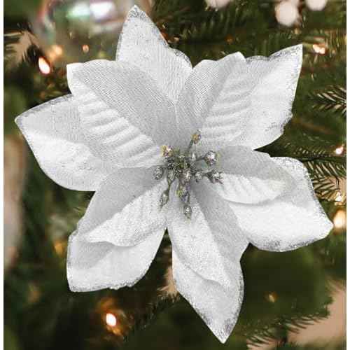 12Pcs Poinsettia Flower Artificial Poinsettia with Stem Christmas Decor Glitter Poinsettia Christmas Ornaments Christmas Tree Flower Decoration DIY Xmas Wreath Mantle Party Decor (Silver)