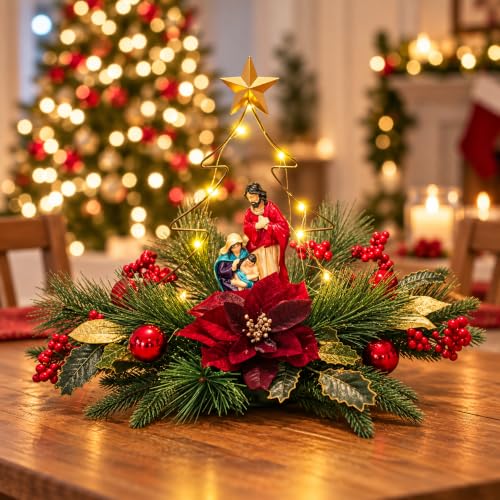 Eksen Nativity LED Christmas Tree Tabletop Centerpiece, Holy Family