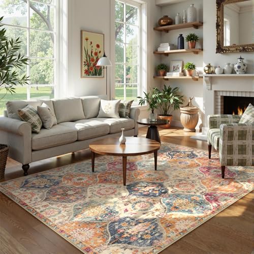 Lahome Moroccan Washable Area Rug 3x5 Burnt Orange/Teal Multi Vintage Style